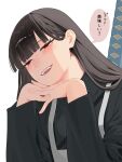  1girl apron black_hair black_track_suit blunt_bangs blush commentary_request head_on_hand heiya_desu highres limbus_company long_hair looking_at_viewer ootachi open_mouth project_moon red_eyes ryoshu_(project_moon) simple_background solo speech_bubble straight_hair sword sword_on_back talking track_suit translation_request upper_body weapon weapon_on_back white_background 