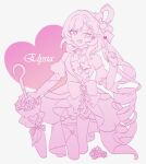  1girl :o ;o breasts character_name commentary_request dress drill_hair drill_ponytail earrings elf elysia_(hi_love_elf)_(honkai_impact) elysia_(honkai_impact) heart heart_earrings highres holding holding_umbrella honkai_(series) honkai_impact_3rd jewelry long_hair manfu_w medium_breasts monochrome official_alternate_costume one_eye_closed pointy_ears side_ponytail smile solo thighhighs umbrella very_long_hair 
