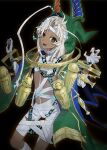  1boy animal_ears bandages body_markings bracelet cloak commentary_request dark-skinned_male dark_skin fate/grand_order fate_(series) gold_trim green_cloak grey_eyes grey_hair highres hood hooded_cloak jackal_ears jewelry looking_at_viewer male_focus medium_hair mummy_costume navel open_mouth partial_commentary smile solo thighs tutankhamun_(fate) tutankhamun_(unexpected_awakening_of_the_west_king!)_(fate) waterstaring 