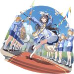  bird black_hair blue_dress confetti costume_request dove dress high_heels highres holding holding_instrument holding_trumpet instrument jinglin_(stella_sora) long_hair long_sleeves looking_at_viewer marching_band official_alternate_costume official_art open_mouth smile stella_sora third-party_source trumpet yellow_eyes 