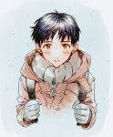  11kkr 1boy backpack bag black_hair blush brown_coat brown_eyes coat commentary_request duffel_coat holding_strap ikari_shinji looking_at_viewer male_focus neon_genesis_evangelion scarf snowing solo upper_body 