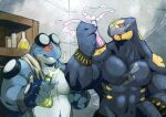  2boys armlet bara beaker bell broad_shoulders colored_sclera commentary english_commentary fangs frog_boy furry holding_beaker indoors jewelry kokukokuboo multiple_boys muscular muscular_arms muscular_male navel pectorals personification pokemon pokemon_(creature) red_sclera seismitoad seviper shelf snake_boy topless_male towel towel_on_one_shoulder 