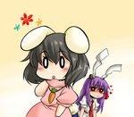  2girls :&lt; absurdres animal_ears black_hair blush bunny_ears carrot chibi face flower highres inaba_tewi multiple_girls nada_haruka necktie purple_hair red_eyes red_neckwear reisen_udongein_inaba shirt short_hair touhou white_shirt 