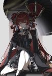  1girl absurdres ahoge black_dress black_jacket black_umbrella breasts chest_tattoo closed_mouth commentary_request detached_sleeves dress hair_ornament hand_up highres hikaku_(siyrgr) holding holding_umbrella jacket jacket_on_shoulders knee_up long_hair looking_at_viewer orange_eyes red_hair shuangyaji sitting small_breasts solo suoming_(wuthering_waves) tattoo twintails umbrella wuthering_waves 
