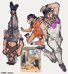  3boys arm_tattoo arm_up baseball_cap black_hair black_shoes bow charming_man dragona_joestar facepaint flower grey_pants hat head_wreath highres hood hood_up jojo_no_kimyou_na_bouken knee_pads long_hair loose_socks multiple_boys naru_tomaki orange_hat orange_romper overalls paco_laburantes pants parted_bangs pink_flower purple_bow reference_inset romper shoes shoulder_belt shoulder_tattoo simple_background socks spiked_hair tattoo the_jojolands twitter_username upside-down white_background white_overalls white_socks 