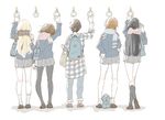  akiyama_mio arm_up backpack bag black_hair blazer blonde_hair brown_hair crossed_legs from_behind hand_on_hip headphones hirasawa_yui jacket k-on! kneehighs kotobuki_tsumugi legs long_hair multiple_girls pantyhose plaid plaid_scarf plaid_shirt reading scarf school_uniform shirt shoes short_hair simple_background skirt socks standing tainaka_ritsu tarako73 white_legwear 