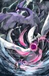  absurdres animal_focus cloud cloudy_sky commentary energy_ball english_commentary fangs highres lapras lightning lugia merchandise_available open_mouth photoshop_(medium) pokemon pokemon_(creature) pokemon_focus pokemon_xd procreate_(medium) riding riding_pokemon shadow_lugia sky tuttlesart v-shaped_eyes water waves 