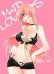  beniko blue_eyes breasts cleavage glasses long_hair mad_lovers_(vocaloid) medium_breasts megurine_luka midriff navel necktie open_mouth pink_hair short_shorts shorts solo vocaloid 