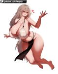  1girl absurdres alexandrina_sebastiane bare_legs bikini black_nails blush breasts cleavage collarbone commentary_request covered_nipples full_body grey_hair hands_up heart highres huge_breasts long_hair looking_at_viewer nail_polish navel parted_lips patreon_username pelvic_curtain red_eyes shiny_skin simple_background smile solo swimsuit very_long_hair walid_zouirech white_background white_bikini zenless_zone_zero 