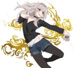  1girl asahi_breweries beer_can black_choker black_pantyhose black_sweater blue_shorts can chinese_commentary choker commentary_request drink_can girls_band_cry grey_hair highres holding holding_can kawaragi_momoka kuroduki long_hair long_sleeves multicolored_hair pantyhose pantyhose_under_shorts roots_(hair) shorts solo sweater 
