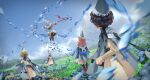  5girls absurdres agott_arklaum_(tongari_boushi_no_atelier) black_hair black_leggings blue_hair blurry casting_spell cloak cloud coco_(tongari_boushi_no_atelier) commentary crossover day elf english_commentary flower flying frieren gold_trim grass green_hair hat hat_tassel highres holding jolseon leggings long_hair lossy-lossless mage_staff medium_hair multiple_girls open_mouth outdoors pink_hair pointy_ears qifrey's_atelier_apprentice_uniform richeh_(tongari_boushi_no_atelier) scared short_hair sky sousou_no_frieren staff stitched tassel tetia_(tongari_boushi_no_atelier) tomboy tongari_boushi_no_atelier weapon white_hair wizard_hat 