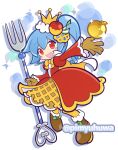  1girl apple apple_hair_ornament applepaina blue_hair blush_stickers boots bow bowtie brown_boots brown_dress brown_gloves cape commentary_request crown dress food food-themed_hair_ornament fork fruit full_body fur-trimmed_boots fur_trim gloves golden_apple hair_ornament holding holding_fork juliet_sleeves layered_dress long_hair long_sleeves looking_at_viewer official_style open_mouth orange_bow orange_bowtie orange_cape oversized_fork oversized_object pantyhose pimyuhuwa puffy_sleeves puyopuyo puyopuyo_quest red_dress red_eyes side_ponytail simple_background smile solo sparkle twitter_username two-sided_cape two-sided_fabric white_background white_cape yellow_pantyhose 