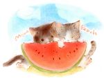  bad_id bad_pixiv_id cat cat_focus food fruit holding holding_food holding_fruit lowres no_humans original sono_(runanikke) traditional_media watermelon 