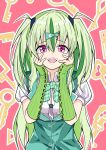  1girl absurdres arm_warmers bow bowtie clothing_cutout commentary_request green_bow green_bowtie green_hair green_streaks hair_ornament hair_tie hairclip heart heart-shaped_pupils heaven_burns_red highres key looking_at_viewer multicolored_hair ooshima_isuzu open_mouth pepazo398 purple_eyes shirt streaked_hair symbol-shaped_pupils white_shirt 