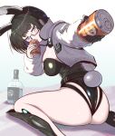  1girl animal_ear_hairband animal_ears ass beer_can black_hair black_leotard blue_eyes breasts can closed_mouth commentary_request drink_can fake_animal_ears from_behind glasses goddess_of_victory:_nikke hairband highres holding holding_can leotard looking_at_viewer looking_back mana_(drunken_rabbit)_(nikke) mana_(nikke) medium_breasts nontraditional_playboy_bunny official_alternate_costume outstretched_arm playboy_bunny rabbit_ear_hairband rabbit_ears semi-rimless_eyewear shiny_skin sitting solo syope under-rim_eyewear 