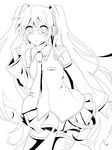  :o adjusting_eyewear bespectacled detached_sleeves glasses greyscale hatsune_miku headphones highres lineart long_hair monochrome necktie skirt solo thighhighs twintails very_long_hair vocaloid yukiguni_(moaism) 