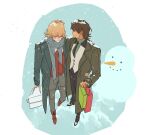  2boys aqua_background bag barnaby_brooks_jr. black_necktie black_pants brown_coat closed_eyes coat collared_shirt commentary_request facial_hair full_body glasses goatee green_coat green_shirt grey_pants grey_scarf grin hand_on_another's_head hand_on_another's_waist highres holding holding_bag jacket kaburagi_t._kotetsu korean_commentary male_focus multiple_boys necktie open_clothes open_coat pants pastry_box raised_inner_eyebrows red_jacket red_shoes roqkrcldhkdhk scarf shirt shoes shopping_bag simple_background smile snowing snowman tiger_&amp;_bunny vest white_background white_vest winter yaoi 