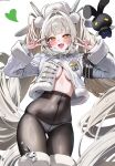  1girl :d absurdres black_pantyhose black_rabbit_(animal) blanc_(fortune_express)_(nikke) blanc_(nikke) blush boots breasts coat commentary fang fur-trimmed_boots fur-trimmed_collar fur-trimmed_sleeves fur_trim goddess_of_victory:_nikke hair_ornament hat high-waist_pantyhose highres jacket large_breasts long_hair looking_at_viewer no_bra no_pants no_shirt official_alternate_costume panties panties_under_pantyhose pantyhose partially_open_jacket pom_pom_(clothes) pom_pom_hair_ornament sak_(lemondisk) seamed_legwear see-through_clothes see-through_pantyhose smile solo string_panties twintails underwear untranslatable_commentary very_long_hair white_hair white_hat white_jacket white_nails white_panties winter_clothes winter_coat yellow_eyes 