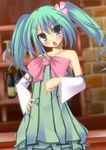 aqua_eyes aqua_hair bad_id bad_pixiv_id bare_shoulders blush bow colorful_drop_(module) colorful_x_melody_(vocaloid) detached_sleeves dress ebiebiebio flower frown hair_flower hair_ornament hand_on_hip hatsune_miku head_tilt large_bow long_hair looking_at_viewer open_mouth project_diva_(series) project_diva_2nd solo strapless strapless_dress twintails vocaloid 