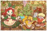  1girl 5boys afro alternate_costume andou_ringo antlers apron beard bell belt bird black_eyes black_gloves blonde_hair blue_bird border bow bow_hairband box brown_apron brown_gloves brown_hair brown_hat brown_headband brown_pantyhose brown_shirt brown_shoes brown_vest candle candlestand candy candy_cane chef_hat christmas christmas_ornaments christmas_tree christmas_wreath closed_eyes collared_dress commentary_request confetti curtains dress erik_(puyopuyo) facial_hair fake_horns food frilled_hairband frills full_beard gift gift_box gloves green_bow green_dress green_eyes green_hair green_hairband green_pants grey_hair hair_bow hair_ornament hairband hat headband helmet holding holding_plate holly_hair_ornament horned_headwear horned_helmet horns indoors jingle_bell jorn_(puyopuyo) kaapo_(puyopuyo) leif_(puyopuyo) long_beard long_hair looking_at_animal looking_at_another low-tied_long_hair medium_hair multiple_boys mustache official_style open_clothes open_mouth open_vest orvo_(puyopuyo) pants pantyhose photo_(object) picture_frame pimyuhuwa pince-nez plate pleated_dress pointy_ears purple_hair puyopuyo puyopuyo_quest red_belt red_bow red_hair red_hat red_ribbon red_skirt reindeer_antlers ribbon round_eyewear shirt shoes short_hair skirt smile sparkle standing striped_hat table thick_eyebrows twitter_username vest white_border white_helmet wreath 