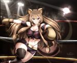 1girl abs absurdres alternate_costume animal_ear_fluff animal_ears artist_name artstshiru attacking_viewer bare_shoulders black_thighhighs blunt_bangs boxing_gloves boxing_ring boxing_shorts bra bra_over_clothes breasts brown_bra brown_hair brown_shirt brown_shoes brown_shorts cleavage commentary cropped_shirt curvy english_commentary floating_hair full_body hair_tubes highres leg_up long_hair medium_breasts metal_hair_tubes off-shoulder_shirt off_shoulder raccoon_ears raccoon_girl raccoon_tail raphtalia shirt shoes short_sleeves shorts solo straight_hair tail tanuki tate_no_yuusha_no_nariagari thick_thighs thighhighs thighs toned toned_female twitter_username underwear watermark wide_hips zettai_ryouiki 