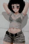  1girl absurdres arms_up black_bra black_eyes black_hair blush bra bra_visible_through_clothes casato commentary curly_hair denim denim_shorts ellie_(casato) english_commentary highres midriff navel original see-through_clothes see-through_shirt shirt shorts smile underwear 