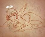  aaru_sentou_shuudan bikini frog groin haibane_renmei halo kana_(haibane_renmei) monochrome navel orange_(color) short_hair solo swimsuit topless water wet wings 