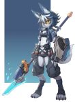  1girl animal_ears animal_nose arm_shield barefoot belt black_belt black_bra black_gloves black_pants black_shorts blue_fur blue_hair blue_jacket body_fur bra breasts claws closed_mouth commentary_request cropped_jacket crotchless crotchless_pants digitigrade energy_blade fingerless_gloves full_body furry furry_female glaive_(polearm) gloves goggles_on_eyes hair_between_eyes highres holding holding_polearm holding_weapon jacket lc_butter leg_warmers looking_at_viewer low_ponytail micro_shorts multicolored_fur multicolored_hair multiple_belts open_clothes open_jacket original pants polearm ponytail red_belt serious shield short_hair short_ponytail shorts sidelocks small_breasts snout solo standing streaked_hair tail tinted_eyewear two-tone_fur two-tone_hair under-elbow_gloves underwear weapon white_fur white_streaks yellow-framed_eyewear 