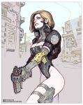  1girl artist_name asymmetrical_bangs badge black_leotard blonde_hair breasts building cityscape cleavage commentary cyberpunk cyberpunk_(series) cyberware detective elena_cross english_commentary facing_to_the_side from_side gun handgun holding holding_weapon holster jacket leotard mechanical_arms nose parted_lips police police_badge police_uniform policewoman sabu_(sabudenego) science_fiction short_hair signature simple_background single_mechanical_arm solo thigh_holster upper_body weapon zipper 