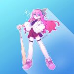  1girl alternate_costume artist_name aubrey_(faraway)_(omori) aubrey_(omori) bad_id bad_twitter_id bandaid bandaid_on_cheek bandaid_on_face baseball_bat blue_background blue_eyes closed_mouth commentary_request crop_top full_body hand_in_pocket highres holding holding_baseball_bat invisible_floor jacket korean_commentary long_sleeves looking_at_viewer morivivi3 omori open_clothes open_jacket pink_hair pink_shoes pleated_skirt red_skirt shoes simple_background skirt sneakers solo standing thighhighs twitter_username white_jacket white_thighhighs 