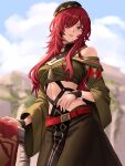  1girl belt beret blue_eyes blue_sky blurry blurry_background breasts cloud commentary dante_(fire_emblem) day english_commentary fingernails fire_emblem fire_emblem:_fortune's_weave green_hat green_shirt hair_over_one_eye hat highres long_hair long_sidelocks long_sleeves looking_at_viewer medium_breasts off-shoulder_shirt off_shoulder outdoors parted_lips red_belt red_hair shirt sidelocks sky solo wide_sleeves yan_kodiac 