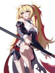  1girl absurdres animal_print axe bare_shoulders bat_print black_shirt black_skirt blonde_hair breasts claret_flint commentary cowboy_shot detached_sleeves hair_intakes hair_ornament hair_ribbon highres holding holding_axe holding_weapon ic0n_aik0 large_breasts leg_up long_hair looking_at_viewer multicolored_hair parted_lips print_thighhighs red_eyes red_nails red_ribbon red_streaks ribbon shirt simple_background skirt solo sphere_hair_ornament streaked_hair thighhighs twintails weapon white_background zenless_zone_zero 