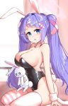  1girl animal_ear_hairband animal_ears asymmetrical_legwear bare_shoulders black_leotard blue_archive blue_eyes breaaad breasts commentary doll fake_animal_ears fake_tail from_side hairband halo hanae_(blue_archive) highres holding holding_doll large_breasts leotard long_hair mismatched_legwear mismatched_thighhighs no_shoes open_mouth pink_halo pink_thighhighs playboy_bunny purple_hair rabbit_ear_hairband rabbit_ears rabbit_tail seiza sitting solo strapless strapless_leotard striped_clothes striped_thighhighs stuffed_animal stuffed_rabbit stuffed_toy tail thighhighs twintails very_long_hair white_hairband white_thighhighs wrist_cuffs 