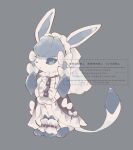  blue_background blue_eyes bow clothed_pokemon commentary dress frilled_dress frills glaceon hair_bow headdress mkt_(buizu-miki) no_humans open_mouth pokemon pokemon_(creature) simple_background sitting solo untranslatable_commentary 