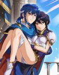  1boy 1girl armor bare_legs black_hair blue_cape blue_eyes blue_hair boobplate boots breastplate cape carrying carrying_person closed_mouth commentary_request commission day fire_emblem fire_emblem:_genealogy_of_the_holy_war gloves headband highres larcei_(fire_emblem) mimummom outdoors panties pauldrons ponytail purple_eyes purple_tunic seliph_(fire_emblem) shoulder_armor sidelocks skeb_commission tunic two-sided_cape two-sided_fabric underwear white_boots white_gloves white_headband white_panties 