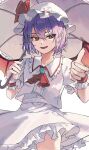  1girl 3rei_1 ascot bat_wings blue_hair brooch collared_shirt commentary_request fang frilled_shirt_collar frilled_skirt frilled_wrist_cuffs frills hat hat_ribbon highres holding holding_umbrella jewelry looking_at_viewer mob_cap open_mouth puffy_short_sleeves puffy_sleeves red_ascot red_eyes red_wrist_cuffs remilia_scarlet ribbon shirt short_sleeves skirt skirt_set smile solo touhou umbrella white_hat white_shirt white_skirt wings wrist_cuffs 