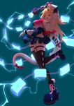  1girl absurdres ahoge arm_up armpits bare_shoulders black_shoes black_thighhighs blonde_hair breasts chalky_(zenless_zone_zero) cissia_(zenless_zone_zero) commentary_request detached_sleeves ecsw0jzmxa78448 electricity full_body green_background hair_between_eyes hair_ornament hairclip highres holding holding_weapon large_breasts leg_up leotard long_hair looking_at_viewer multicolored_leotard one_eye_closed open_mouth pom_pom_(clothes) pom_pom_hair_ornament red_eyes shoes simple_background snake snake_girl snake_tail solo standing standing_on_one_leg tail thighhighs two-tone_leotard weapon white_snake zenless_zone_zero 