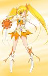  blonde_hair boots bow choker cure_sunshine heartcatch_precure! instrument knee_boots long_hair magical_girl myoudouin_itsuki one_eye_closed orange_(color) orange_bow orange_choker orange_skirt precure rekurieeru shiny_tambourine skirt solo tambourine twintails very_long_hair yellow_background yellow_bow 