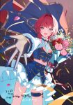  1girl :d absurdres aiguillette ange_katrina aubrey_(kyarairo) black_background blue_cape blue_eyes blue_flower blue_gloves blue_shirt blue_skirt bouquet breasts brown_trim cape character_name clothing_cutout commentary_request cowboy_shot crossed_bangs dated english_text falling_petals floating_cape flower frilled_shirt_collar frilled_skirt frills gloves gradient_background gradient_eyes grey_background hair_intakes hair_ornament hairclip happy_birthday highres holding holding_bouquet idol_clothes layered_shirt layered_skirt light_particles long_sleeves looking_at_viewer medium_hair midriff miniskirt multicolored_eyes nijisanji nijisanji_matching_outfit open_mouth petals pink_eyes pink_flower pink_petals reaching reaching_towards_viewer red_cape red_flower red_hair shirt shoulder_cutout skirt sleeve_cuffs small_breasts smile solo streamers thigh_strap twitter_username two-sided_cape two-sided_fabric virtual_youtuber white_flower white_shirt white_skirt 