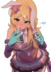  1girl :p absurdres ahoge animal_ears aqua_gloves banana black_skirt blush bow breasts cowboy_shot cum cum_in_mouth cum_on_body cum_on_fingers cum_on_hair cum_on_tongue emoji food fruit gloves green_eyes hair_bow hair_ornament heart heart-shaped_pupils heart_hair_ornament highres hoshii_miki idolmaster idolmaster_(classic) idolmaster_million_live! idolmaster_million_live!_theater_days leotard long_hair looking_at_viewer medium_breasts multicolored_skirt necktie official_alternate_color official_alternate_costume pink_skirt purple_bow purple_leotard purple_necktie purple_skirt rabbit_ears simple_background skirt soayo solo standing symbol-shaped_pupils tongue tongue_out white_background white_skirt 
