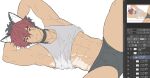  1boy a_ohkami abs animal_ears armpits arms_behind_head art_program_in_frame art_program_request black_male_underwear boxers bulge closed_mouth clothes_lift collar commentary dog_boy dog_ears earrings english_commentary jewelry kemonomimi_mode komano_manato male_focus male_underwear multicolored_hair muscular muscular_male navel pectorals scar scar_across_eye scar_on_face shirt shirt_lift sleeveless sleeveless_shirt underwear unfinished white_shirt zenless_zone_zero 