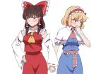  2girls alice_margatroid ascot blonde_hair blue_dress blue_eyes blush bow breasts brown_eyes brown_hair capelet closed_mouth commentary_request commission detached_sleeves dress embarrassed frilled_bow frilled_hair_tubes frilled_hairband frills hair_bow hair_tubes hairband hakurei_reimu hand_on_own_hip highres holding_hands interlocked_fingers kiyo_(kiyo_mariari) long_hair multiple_girls pink_sash red_bow red_hairband red_skirt ribbon-trimmed_sleeves ribbon_trim sash simple_background skeb_commission skirt skirt_set touhou waist_sash white_background white_capelet yellow_ascot yuri 
