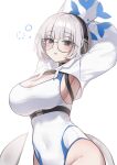 1girl absurdres armpits arms_up black_eyes blue_archive blue_halo blush breasts cetacean_tail cleavage commentary_request covered_navel fins fish_tail glasses grey-framed_eyewear halo headphones highres hooded_shrug kotone_(blue_archive) large_breasts looking_at_viewer manyokobo mole mole_under_eye one-piece_swimsuit parted_lips round_eyewear shrug_(clothing) sideboob simple_background solo squeans stretching swimsuit tail white_background white_one-piece_swimsuit white_shrug 