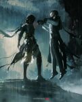  2boys absurdres artist_name black_gloves black_hood black_pants black_shirt commentary elbow_gloves from_side gloves grabbing_another's_arm highres jingran_(wuthering_waves) jvn long_hair male_focus multiple_boys muyu_(wuthering_waves) outdoors pants rain shirt single_bare_shoulder standing strangling wuthering_waves 