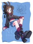  1girl alternate_costume black_jacket black_ribbon black_shoes blue_background blue_eyes border brown_hair chibi chibi_inset commentary cropped_jacket denim denim_shorts fang full_body high_ponytail highres hilda_(pokemon) hydreigon jacket long_hair looking_at_viewer navel pokemon pokemon_(creature) pokemon_black_and_white ponytail purple_nails purple_socks ribbon sandora_(karugamo_no_e) shoe_soles shoes shorts sidelocks simple_background sitting socks untranslatable_commentary white_border 