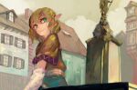  1girl blonde_hair brown_shirt building closed_mouth commentary_request green_eyes looking_to_the_side medium_hair mizuhashi_parsee onion_(onion_and_pi-natto) outdoors pointy_ears shirt short_sleeves sideways_glance sky smile solo touhou town upper_body yellow_sky 