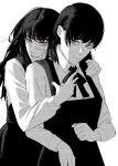  2girls chainsaw_man choppy_bangs collared_shirt commentary_request cross_scar dress dress_shirt fourth_east_high_school_uniform highres hug hug_from_behind jcks4275 long_hair long_sleeves mitaka_asa monochrome multiple_girls neck_ribbon open_mouth orange_eyes ribbon ringed_eyes scar scar_on_cheek scar_on_face scar_on_nose school_uniform shirt sidelocks simple_background sleeveless sleeveless_dress teeth twintails yoru_(chainsaw_man) 
