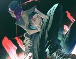  1boy 1girl black_hair black_pants blood blood_on_face blood_on_shoes commentary_request cyberpunk cyberpunk_(series) cyberpunk_2077 green_eyes highres korean_commentary looking_to_the_side luke_skyfaller pants purple_hair shoes short_hair sneakers songbird_(cyberpunk) v_(cyberpunk) vincent_(cyberpunk) 