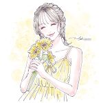  1girl ^_^ artist_name bare_arms bare_shoulders braid brown_hair closed_eyes closed_mouth commentary dress flower hands_up happy holding holding_flower looking_at_viewer medium_hair naho_graphics original own_hands_together painting_(medium) pink_lips signature sleeveless sleeveless_dress smile solo spaghetti_strap sundress sunflower traditional_media twin_braids upper_body watercolor_(medium) wispy_bangs yellow_background yellow_dress yellow_flower 