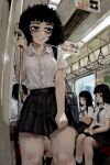  4girls absurdres bags_under_eyes black_eyes black_hair black_skirt casato collared_shirt commentary ellie_(casato) english_commentary highres looking_to_the_side mojyo multiple_girls nervous_smile original pleated_skirt school_uniform shirt short_sleeves skirt smile solo_focus standing sweat white_shirt 